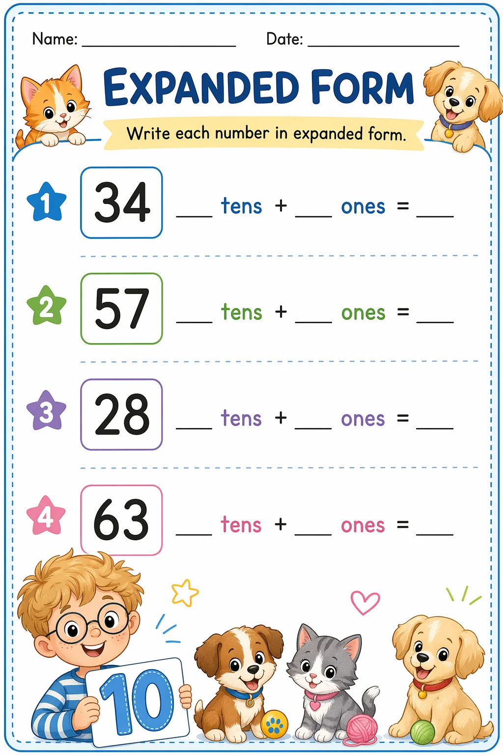 Place Value Worksheet — pets — free coloring page