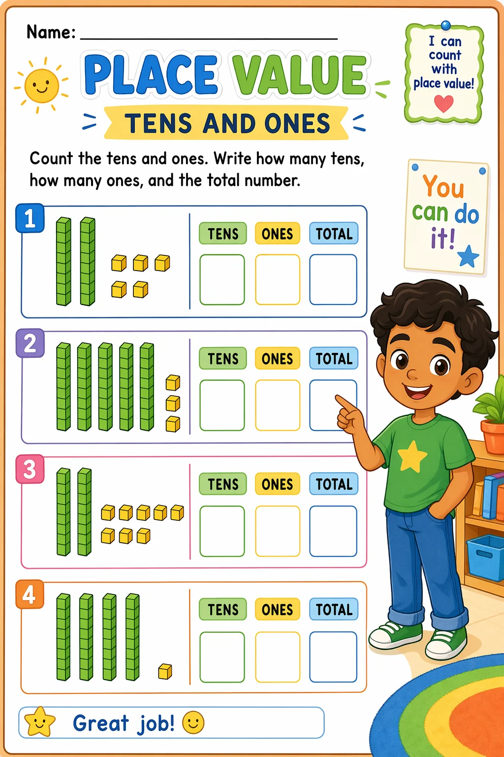 Place Value Worksheet — school room — free coloring page