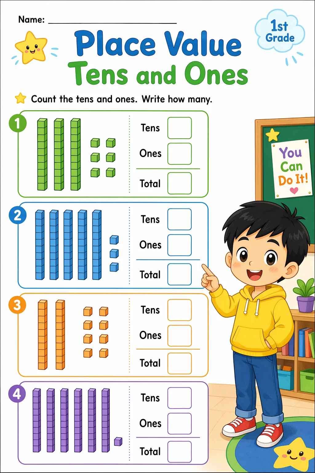 Place Value Worksheet — school room — free coloring page