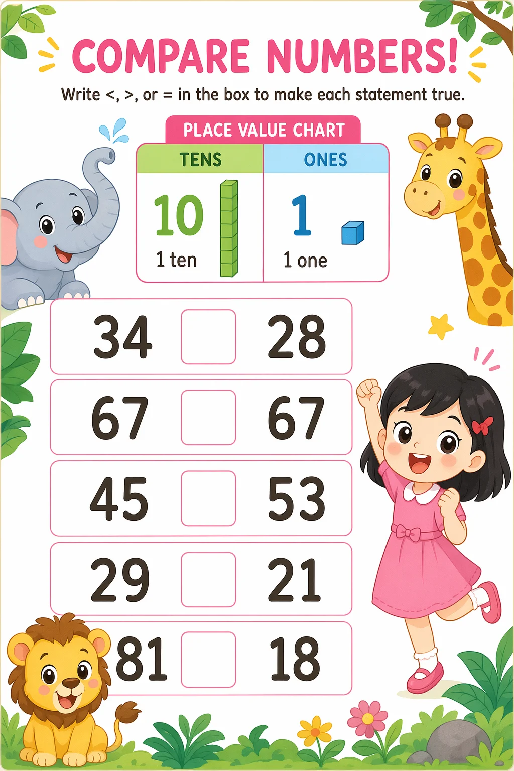 Place Value Worksheet — zoo animals — free coloring page