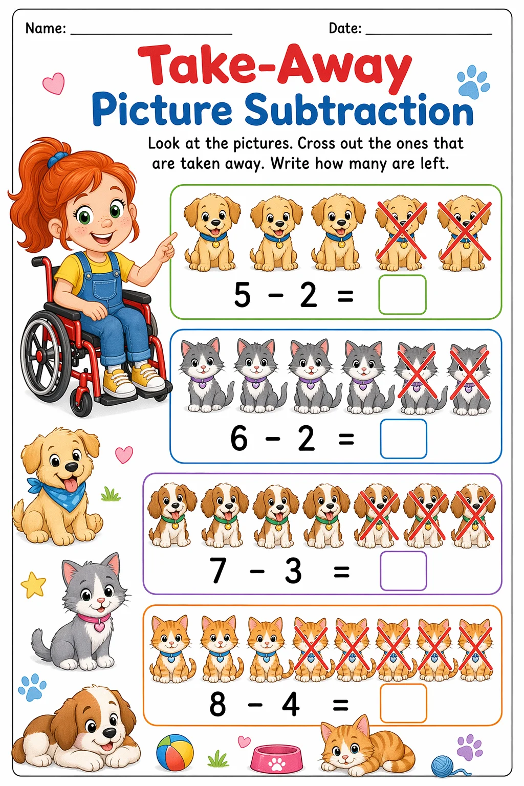 Subtraction Worksheet — pets — free coloring page