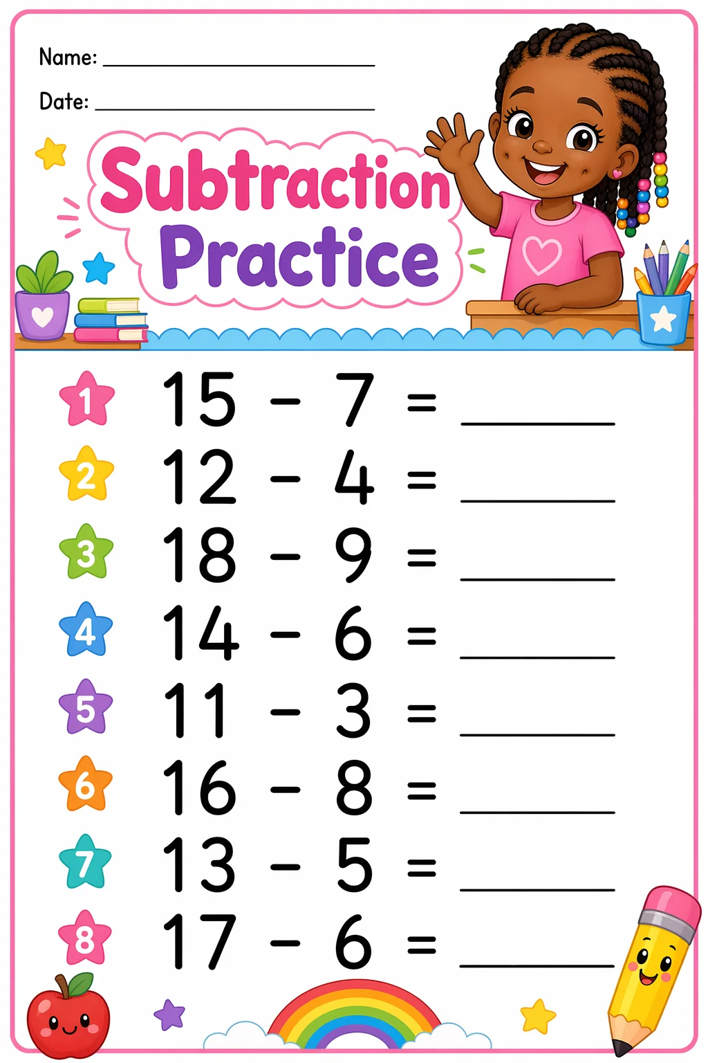 Subtraction Worksheet — school room — free coloring page