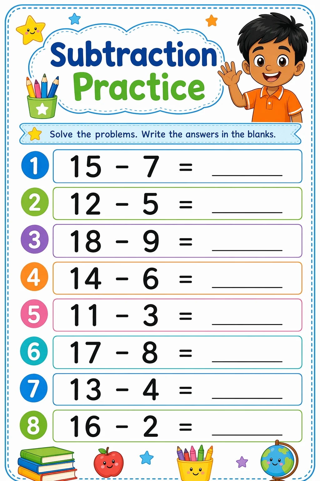 Subtraction Worksheet — school room — free coloring page