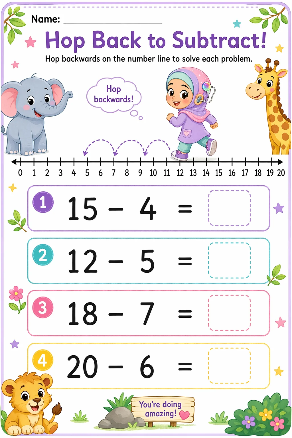 Subtraction Worksheet — zoo animals — free coloring page