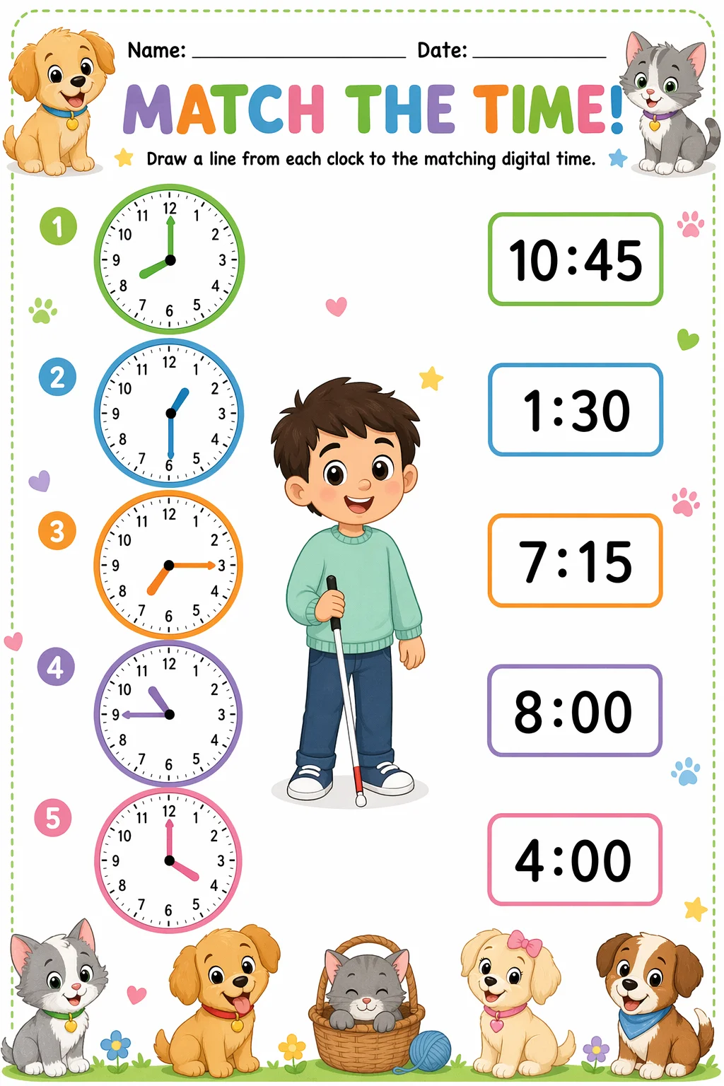 Telling Time Worksheet — pets — free coloring page