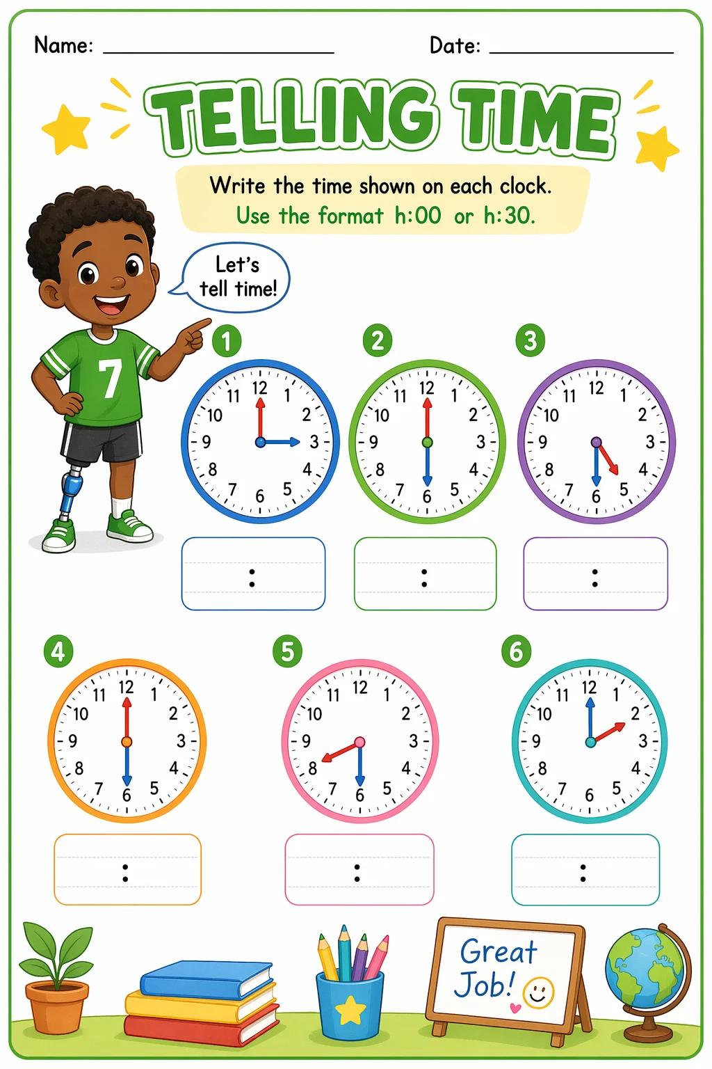 Telling Time Worksheet — school room — free coloring page