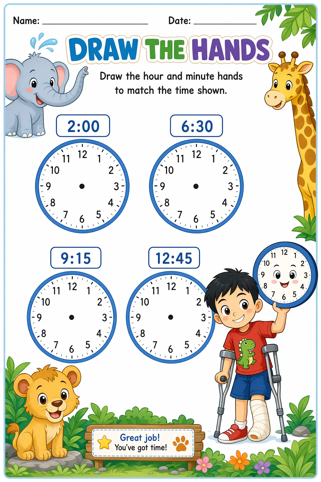 Telling Time Worksheet — zoo animals — free coloring page