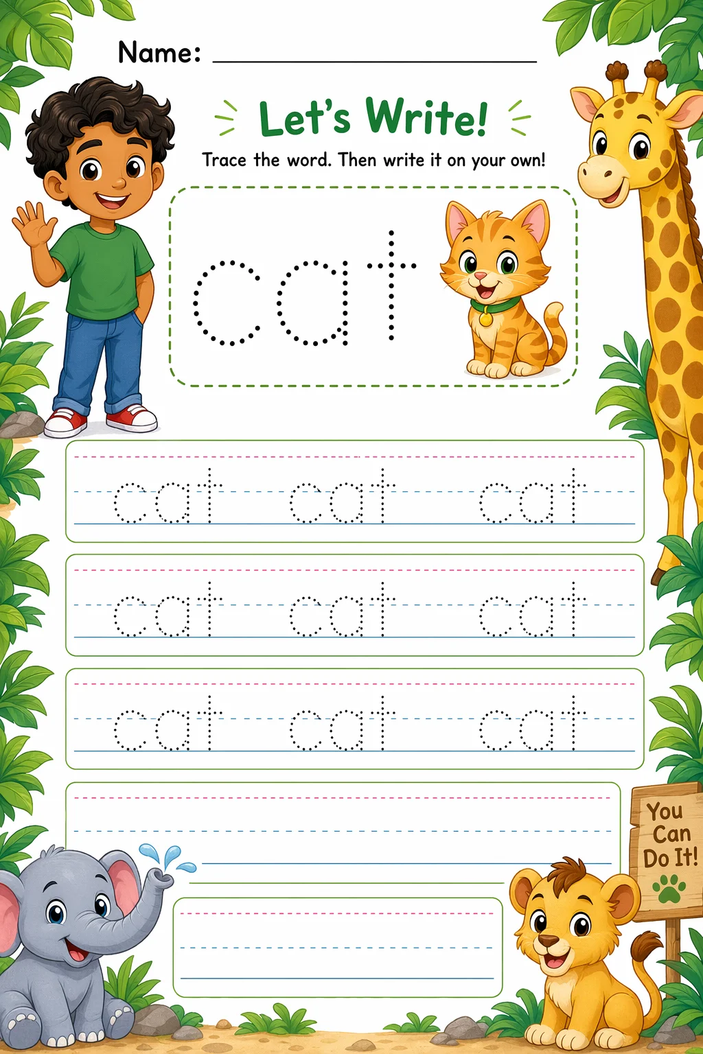 Handwriting Worksheet — zoo animals — free coloring page