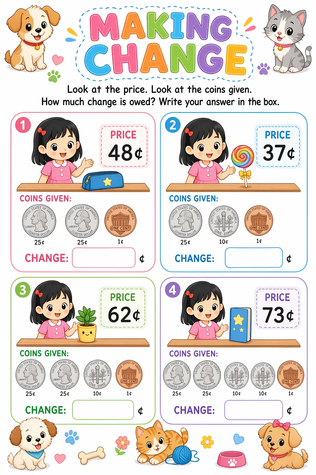 Money Worksheet — pets — free coloring page