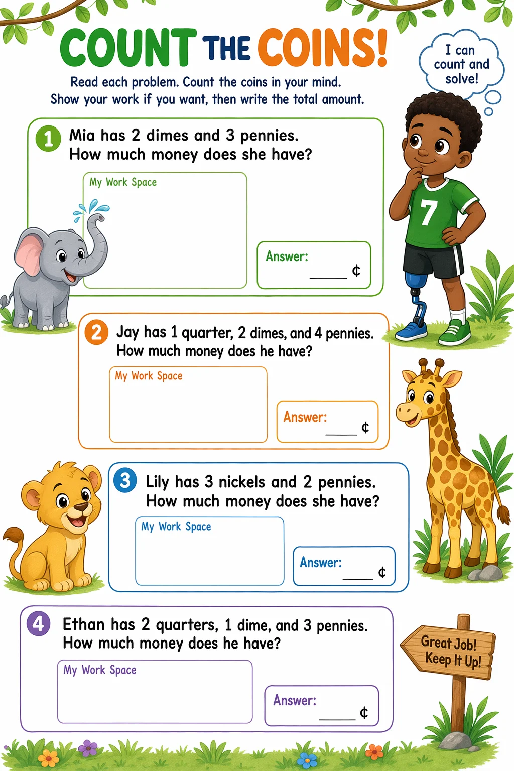 Money Worksheet — zoo animals — free coloring page