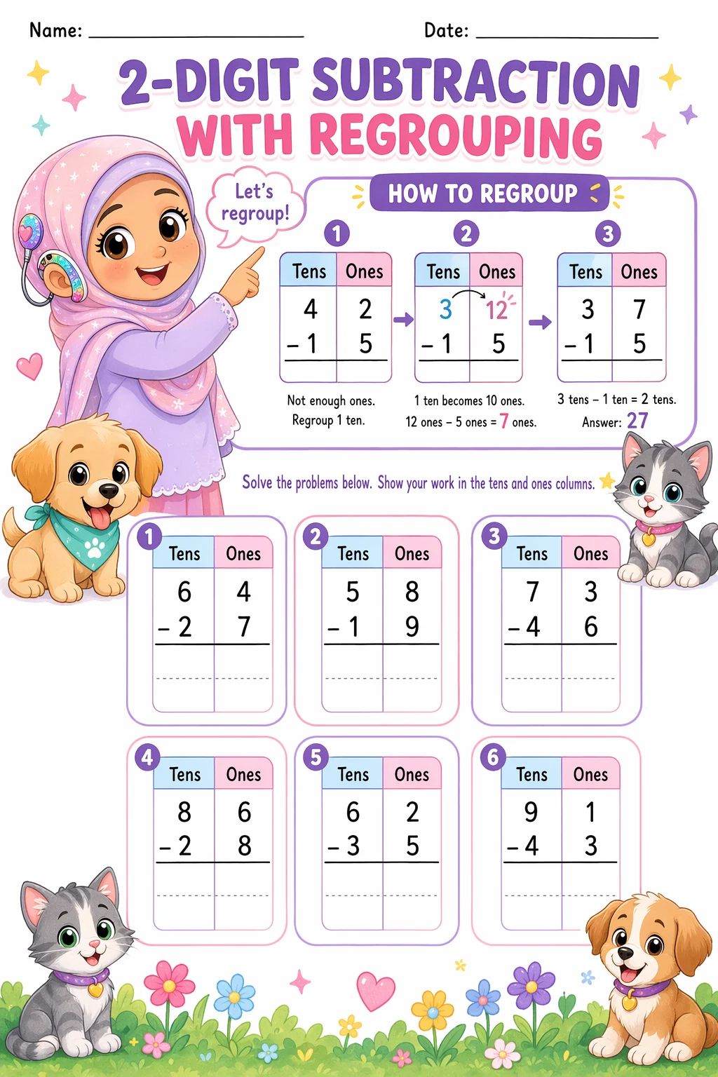 Subtraction Worksheet — pets — free coloring page
