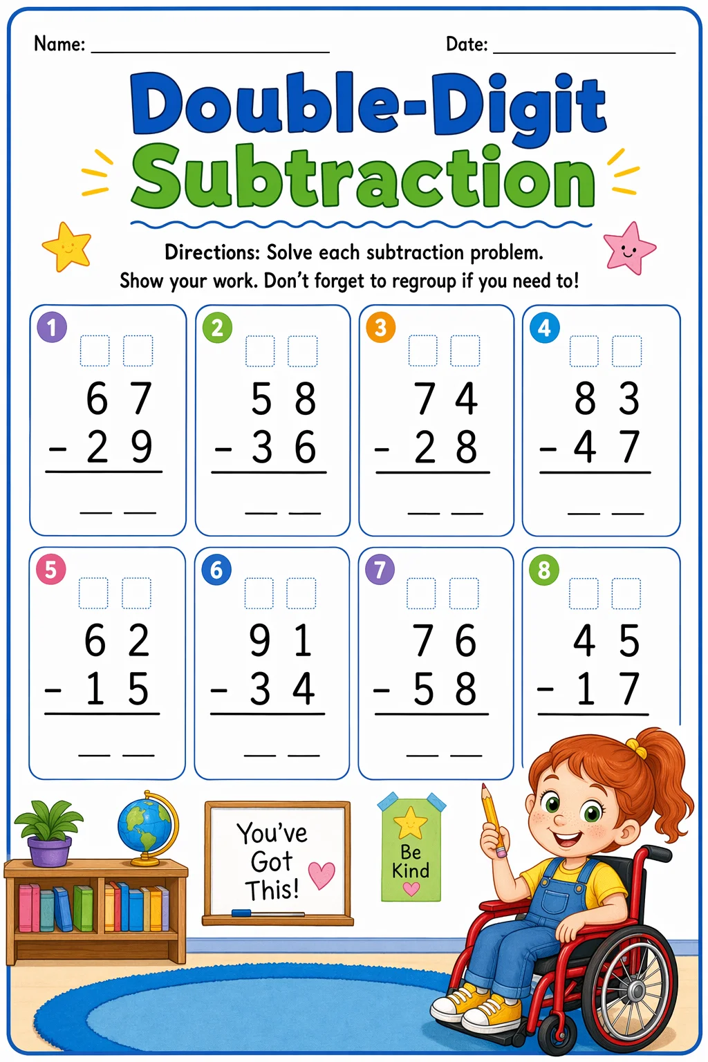 Subtraction Worksheet — school room — free coloring page