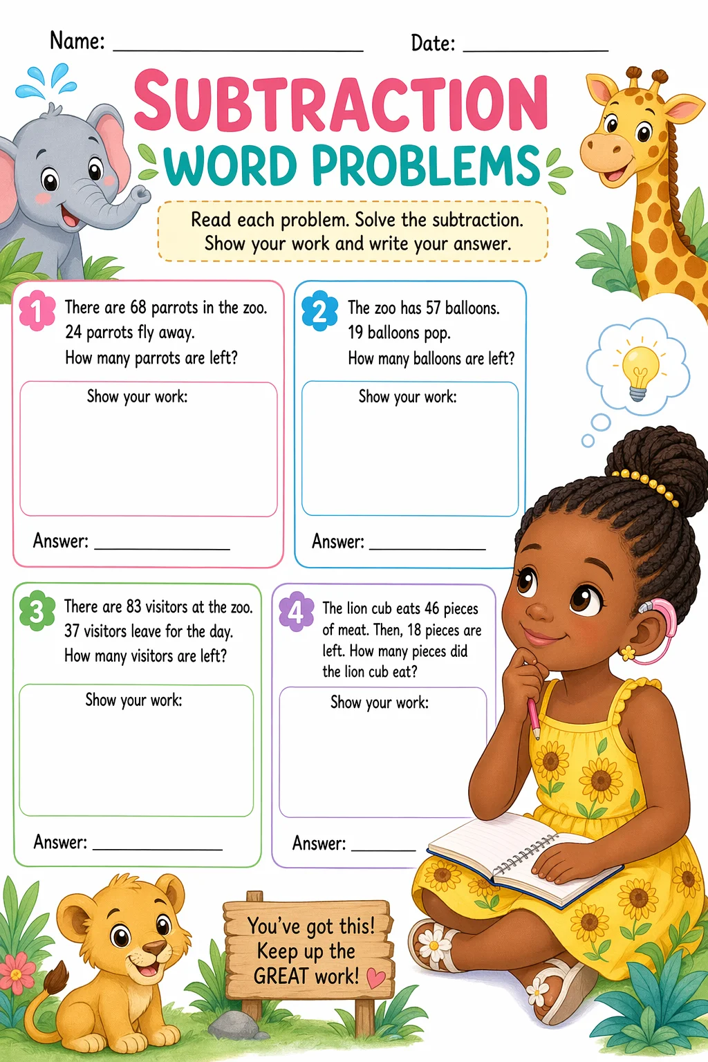 Subtraction Worksheet — zoo animals — free coloring page