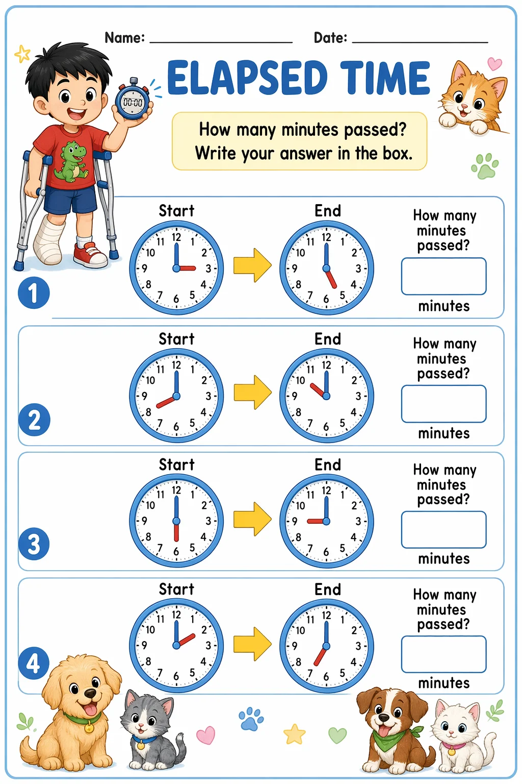 Telling Time Worksheet — pets — free coloring page