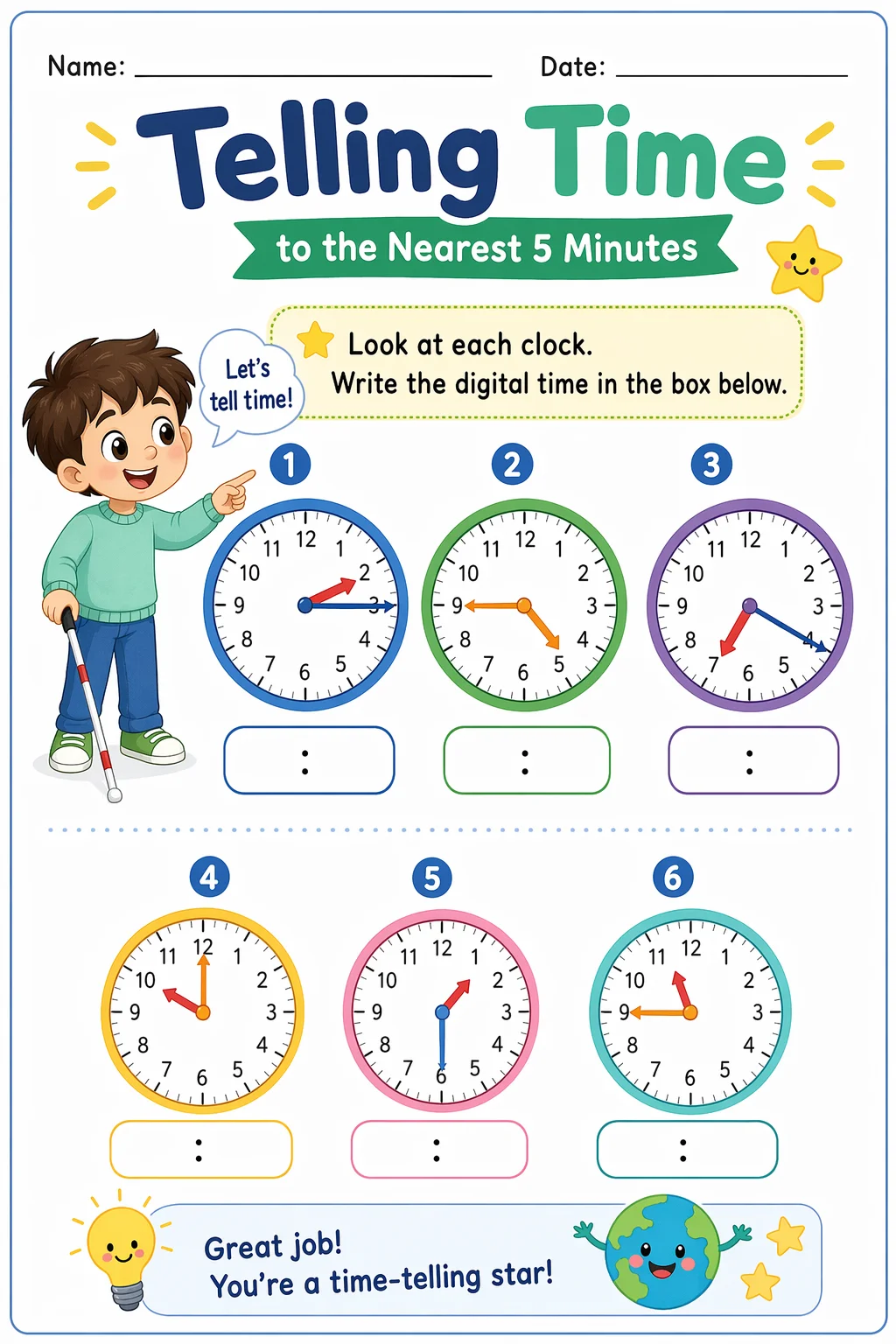 Telling Time Worksheet — school room — free coloring page