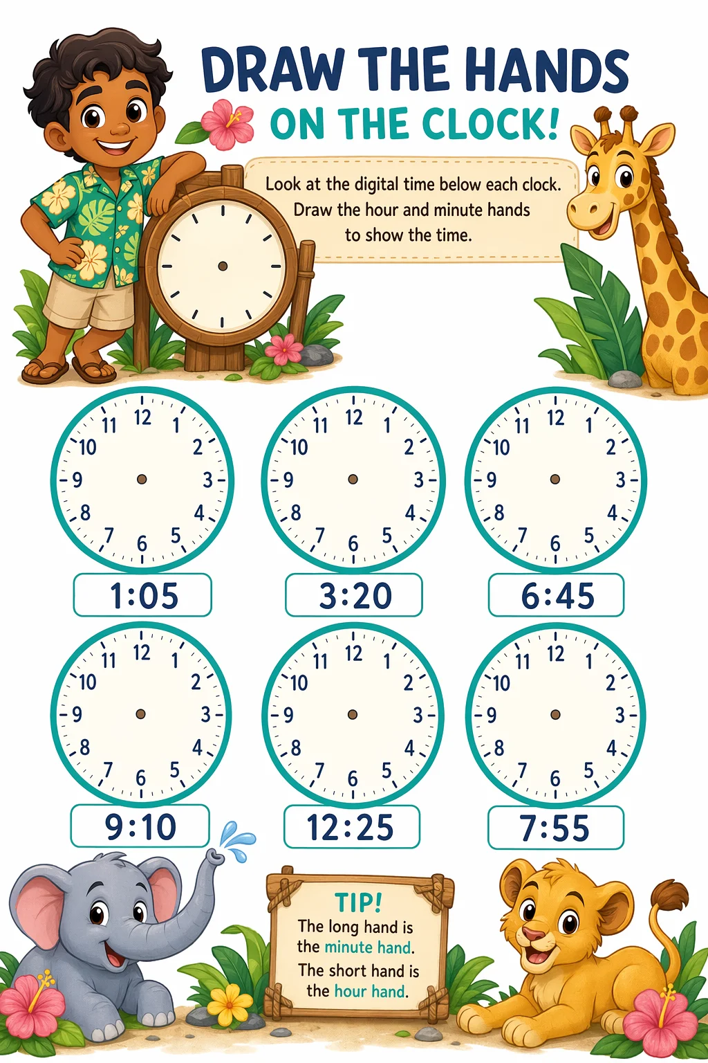 Telling Time Worksheet — zoo animals — free coloring page