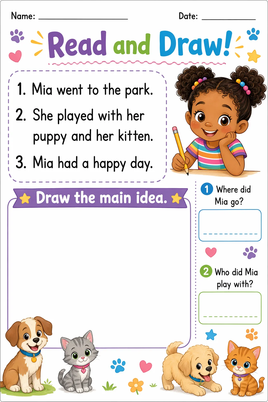 Reading Comprehension Worksheet — pets — free coloring page