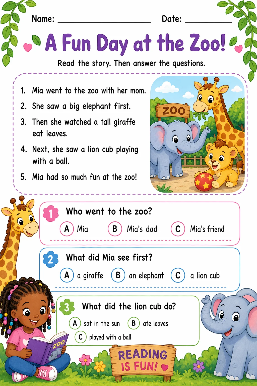 Reading Comprehension Worksheet — zoo animals — free coloring page