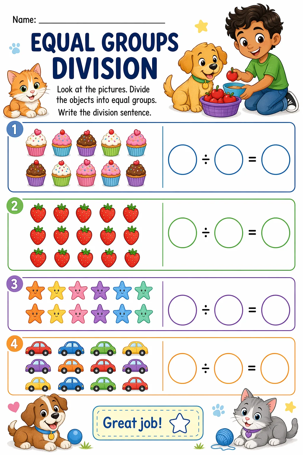 Division Worksheet — pets — free coloring page