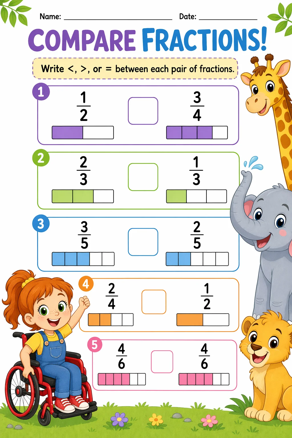 Fractions Worksheet — zoo animals — free coloring page
