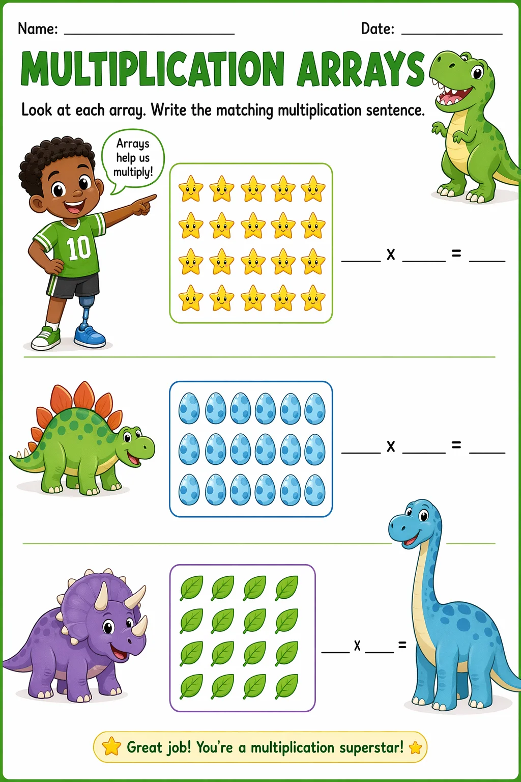 Multiplication Worksheet — dinosaurs — free coloring page