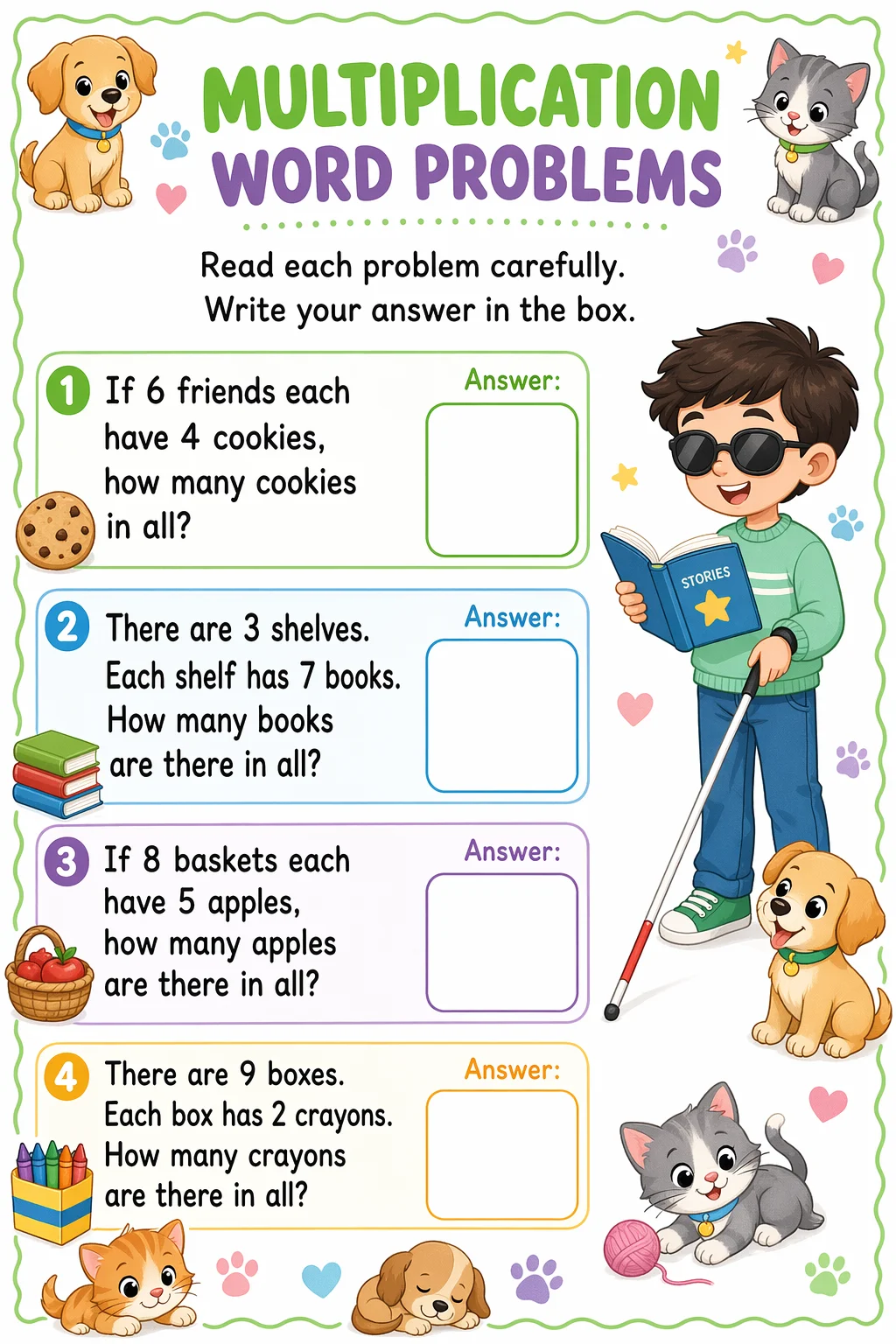 Multiplication Worksheet — pets — free coloring page