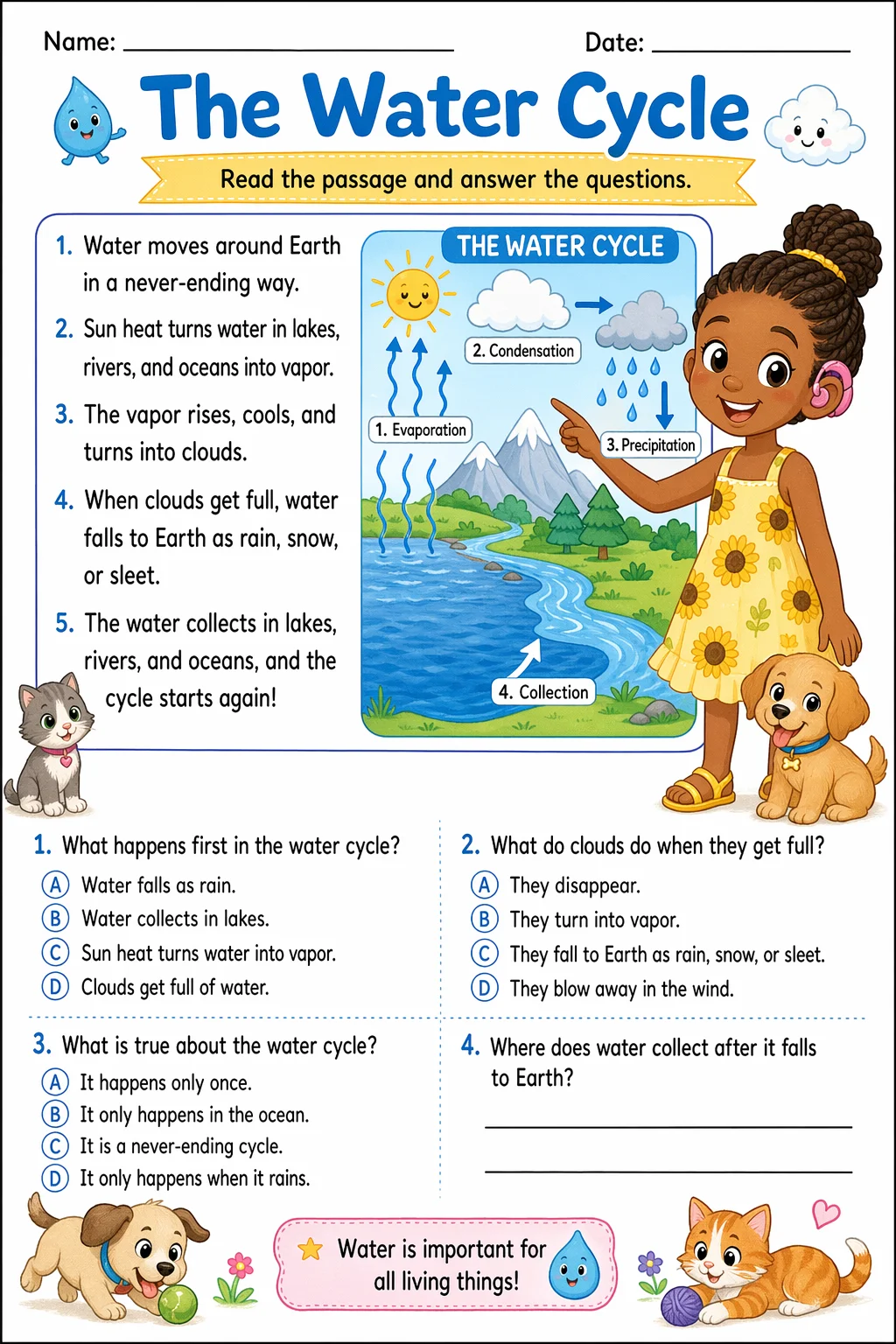 Reading Comprehension Worksheet — pets — free coloring page