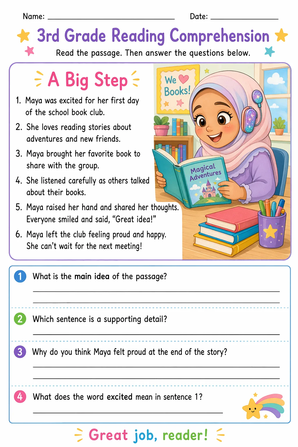 Reading Comprehension Worksheet — school room — free coloring page