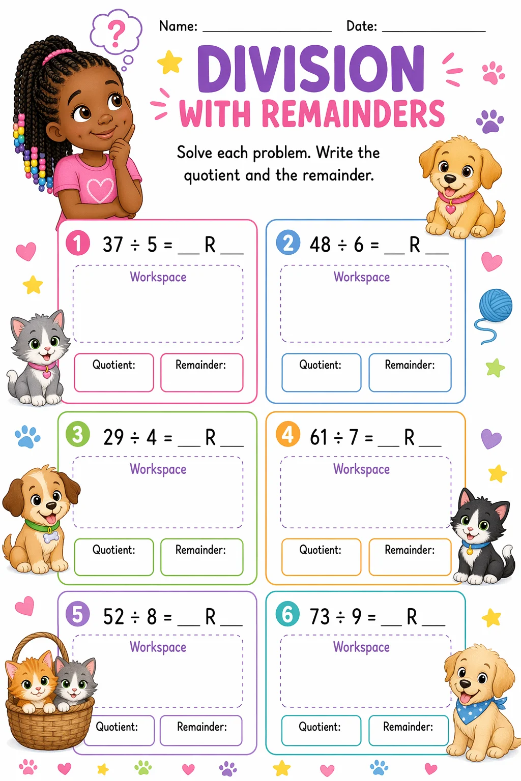 Division Worksheet — pets — free coloring page
