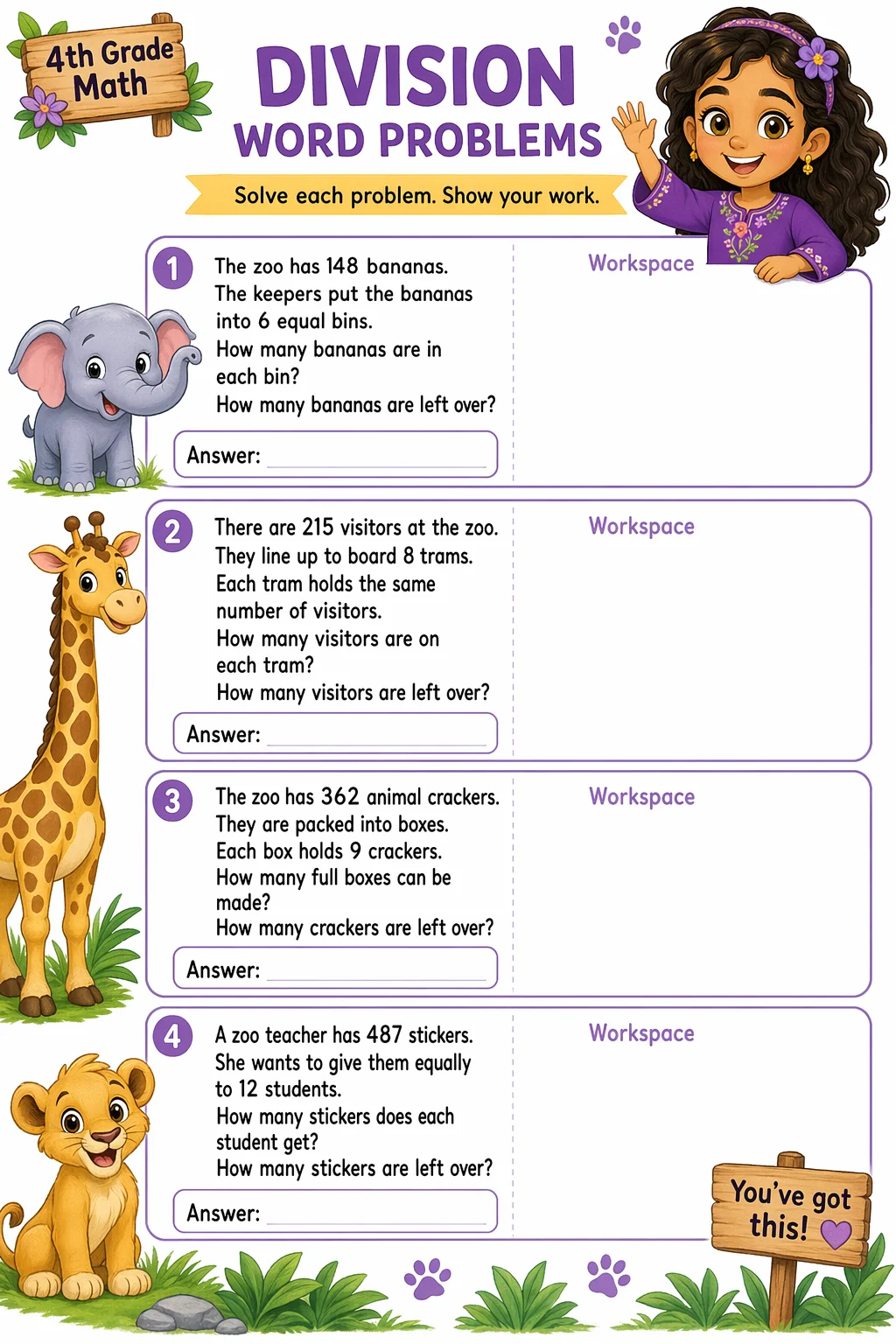 Division Worksheet — zoo animals — free coloring page
