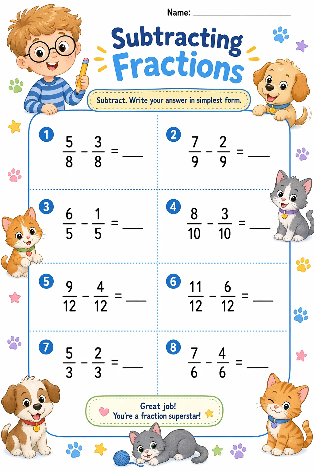 Fractions Worksheet — pets — free coloring page