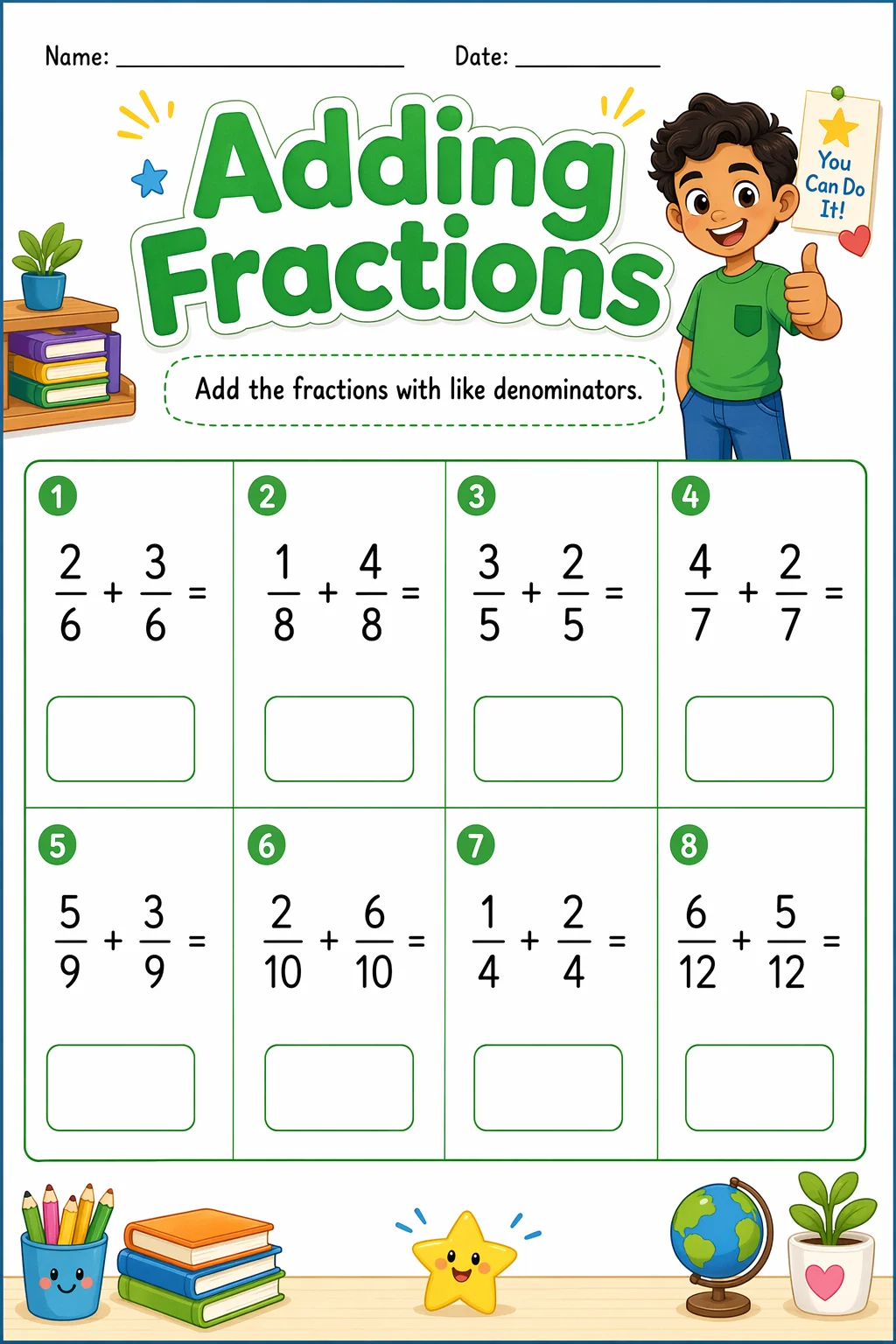 Fractions Worksheet — school room — free coloring page