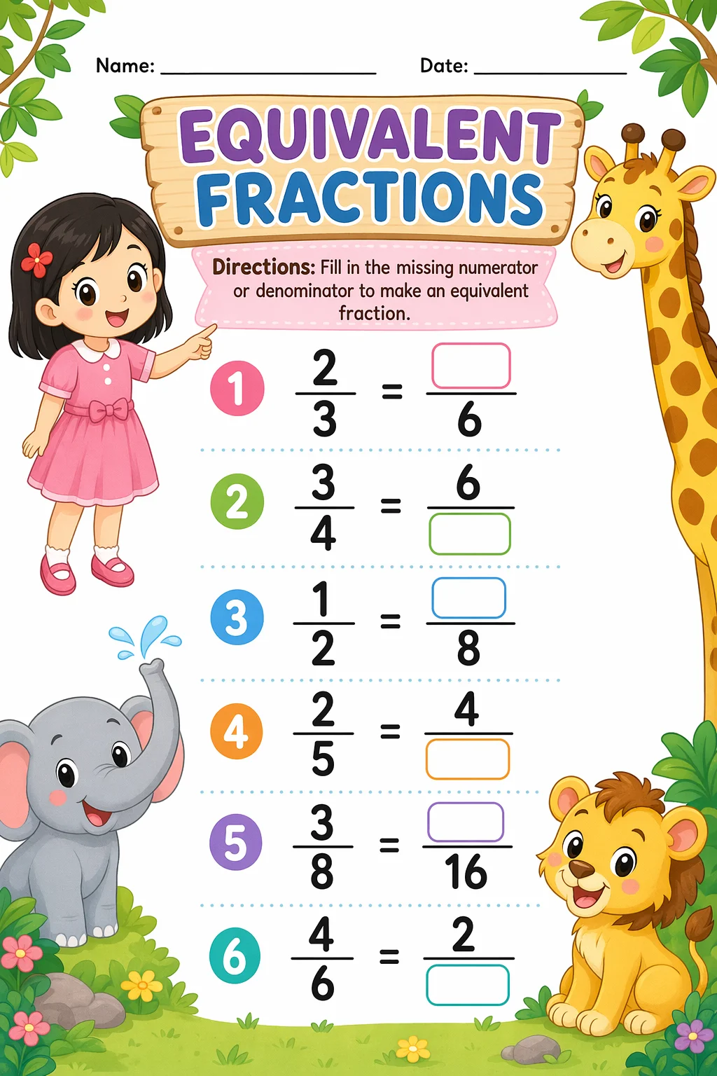 Fractions Worksheet — zoo animals — free coloring page
