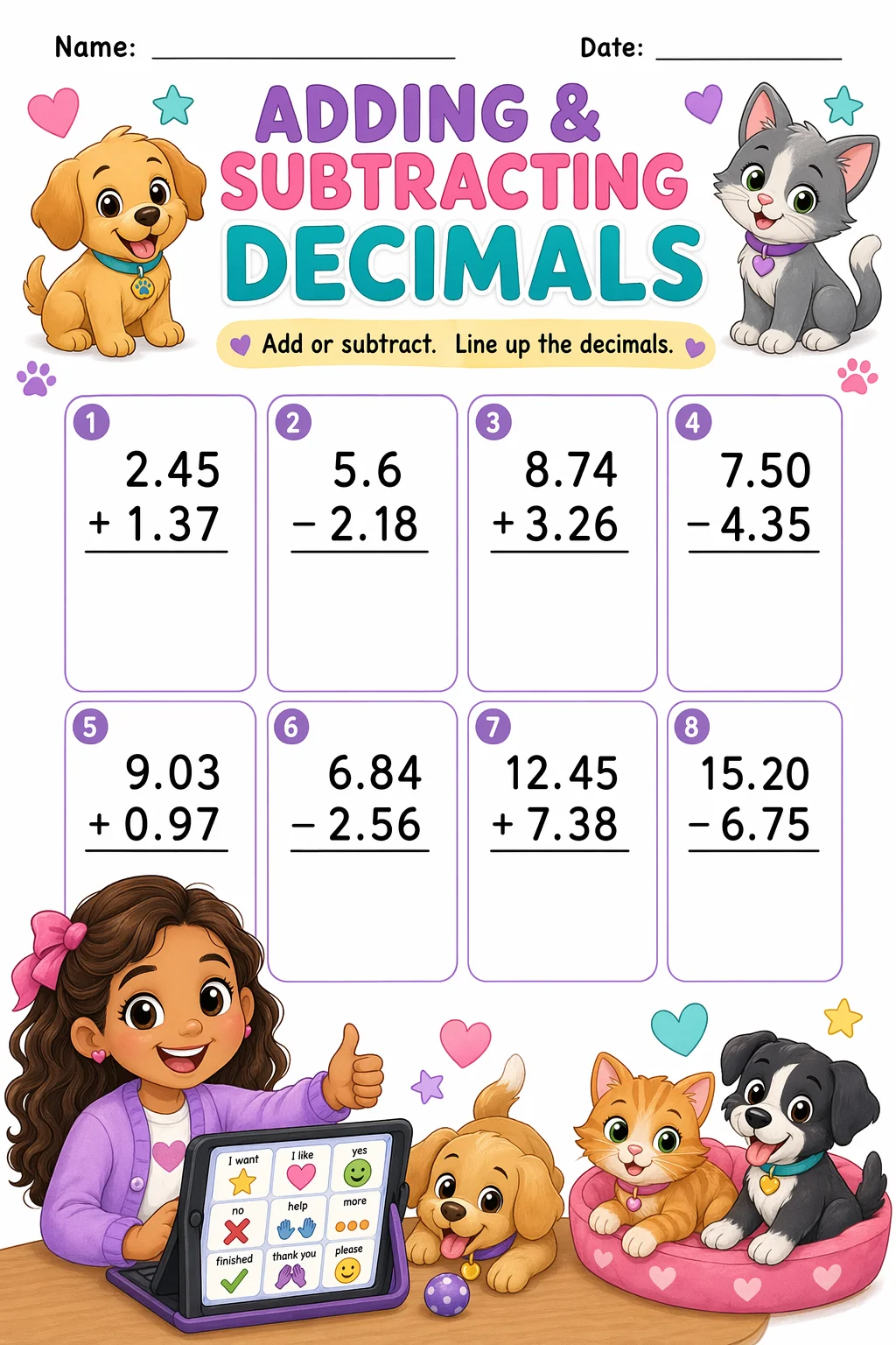 Decimals Worksheet — pets — free coloring page