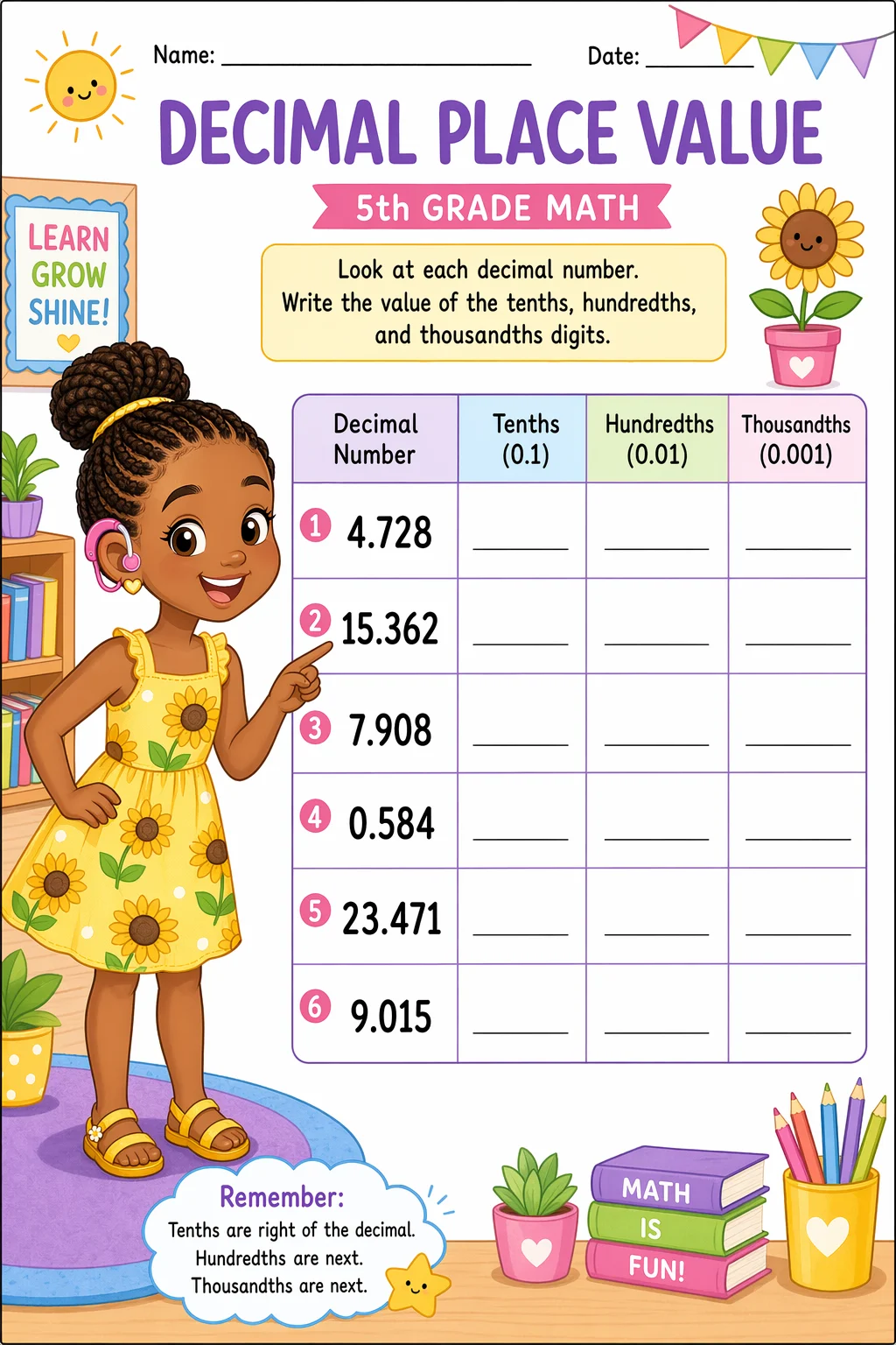 Decimals Worksheet — school room — free coloring page