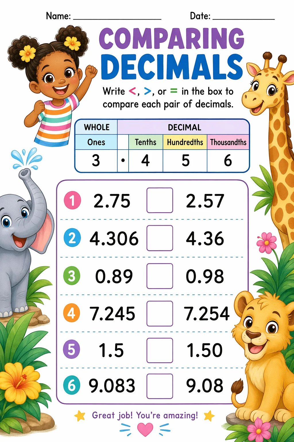 Decimals Worksheet — zoo animals — free coloring page