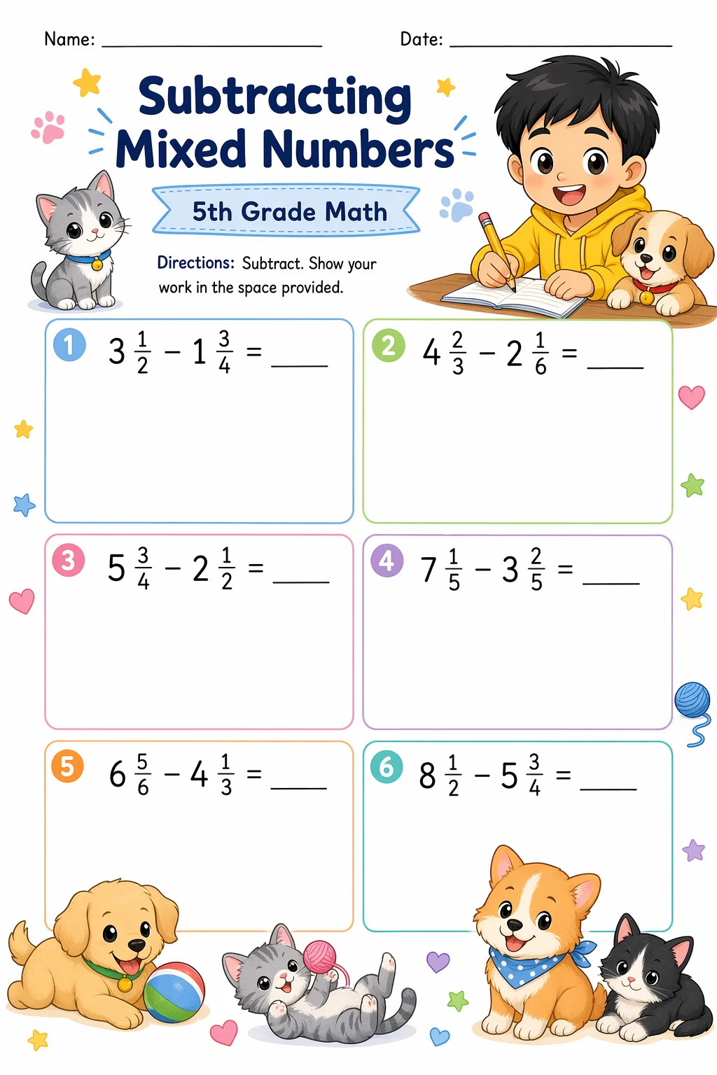 Fractions Worksheet — pets — free coloring page
