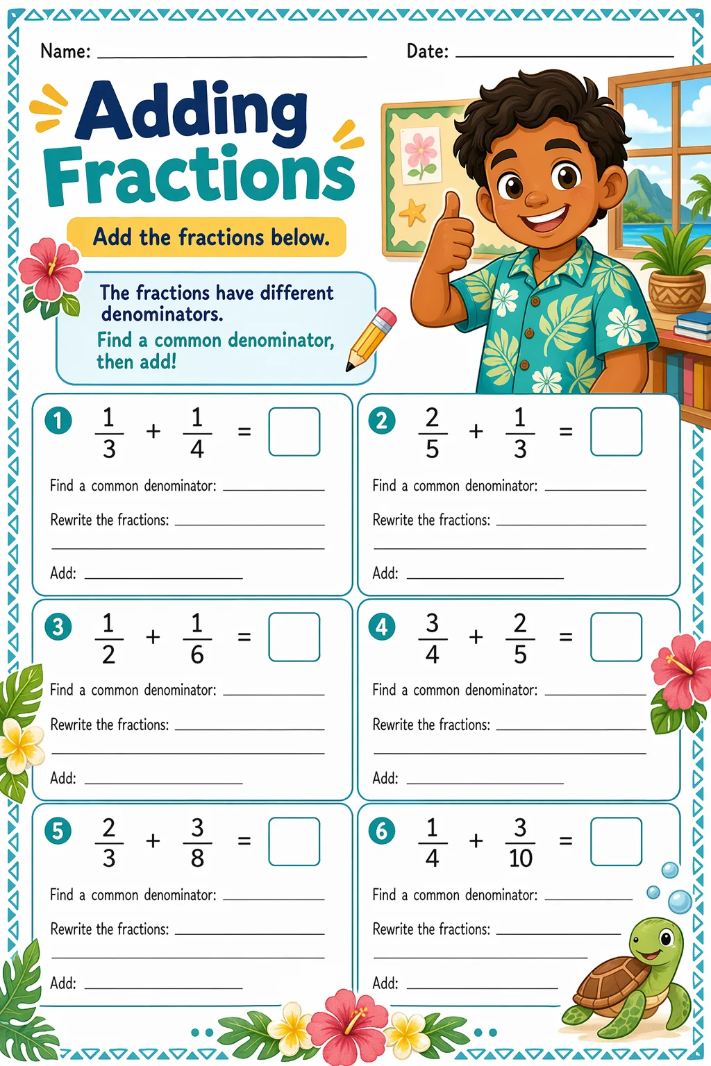 Fractions Worksheet — school room — free coloring page