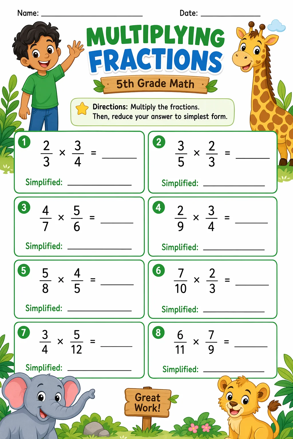 Fractions Worksheet — zoo animals — free coloring page