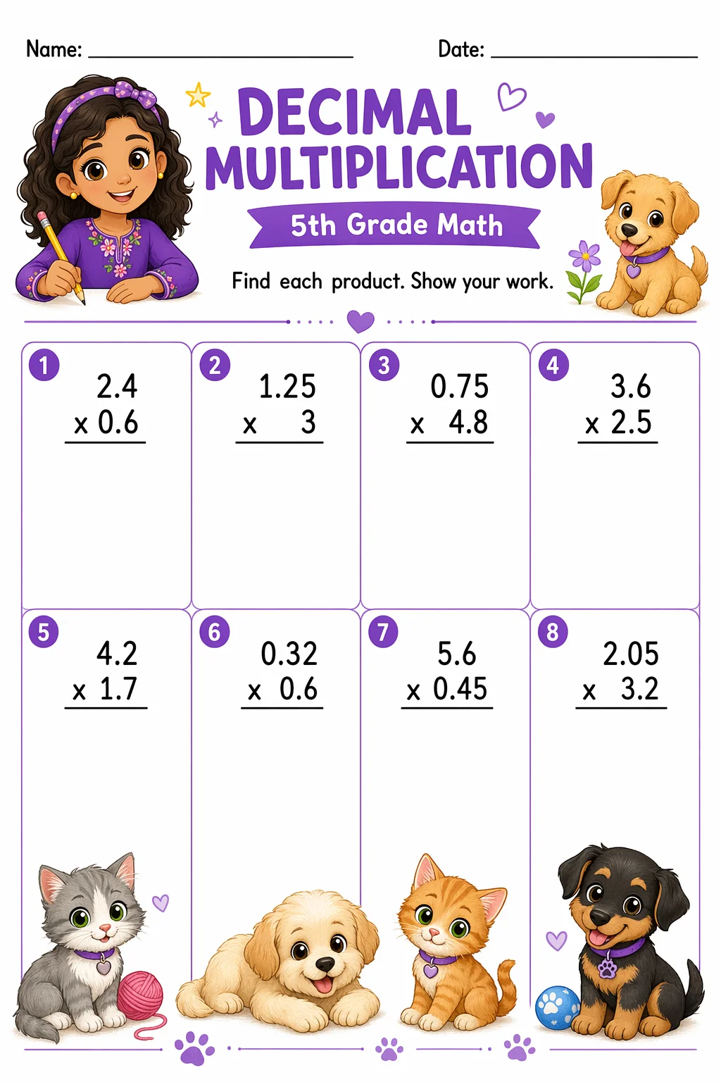 Multiplication Worksheet — pets — free coloring page