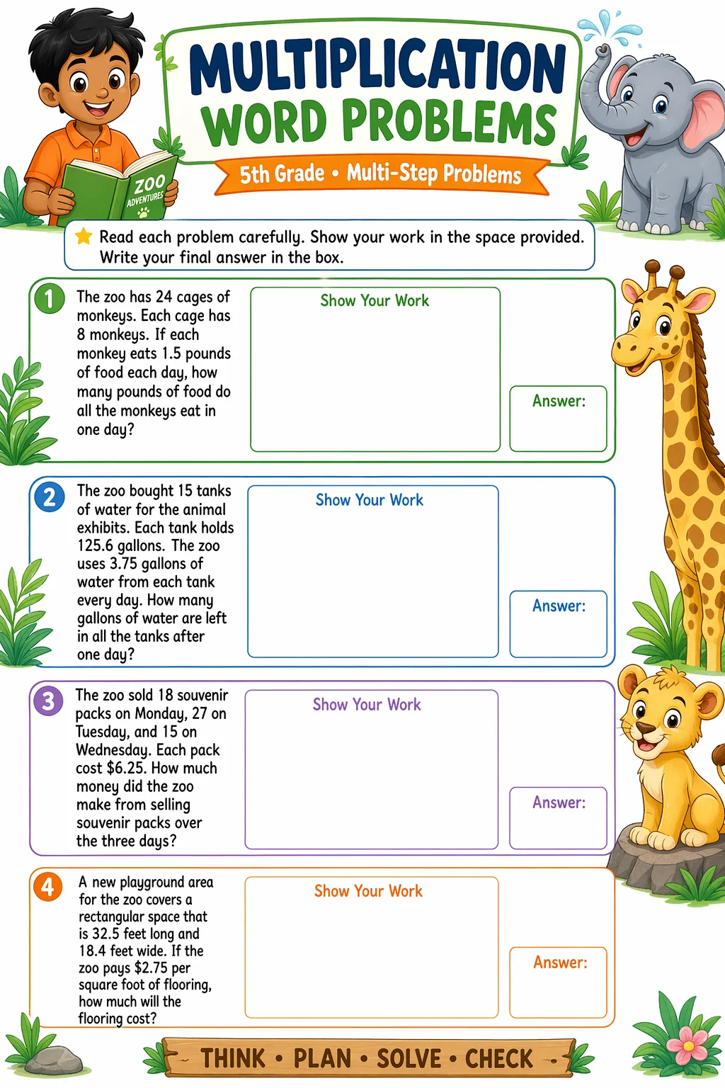 Multiplication Worksheet — zoo animals — free coloring page