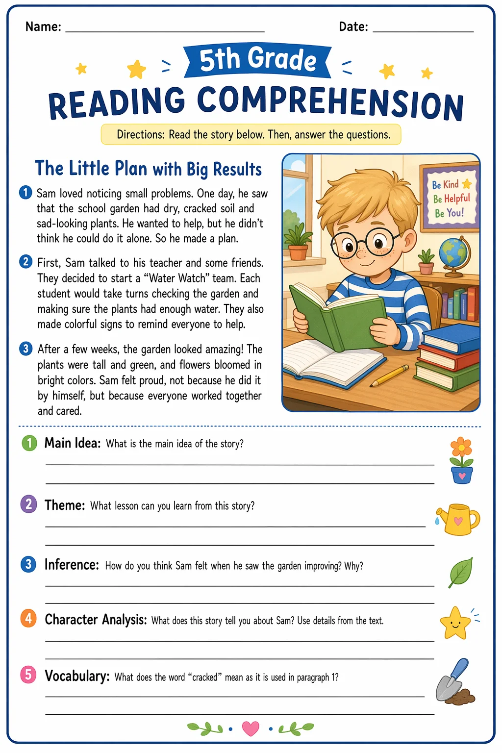 Reading Comprehension Worksheet — school room — free coloring page