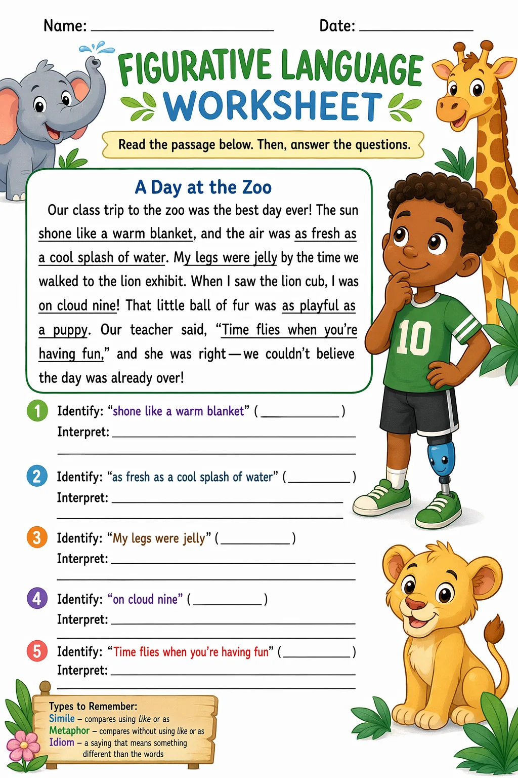 Reading Comprehension Worksheet — zoo animals — free coloring page