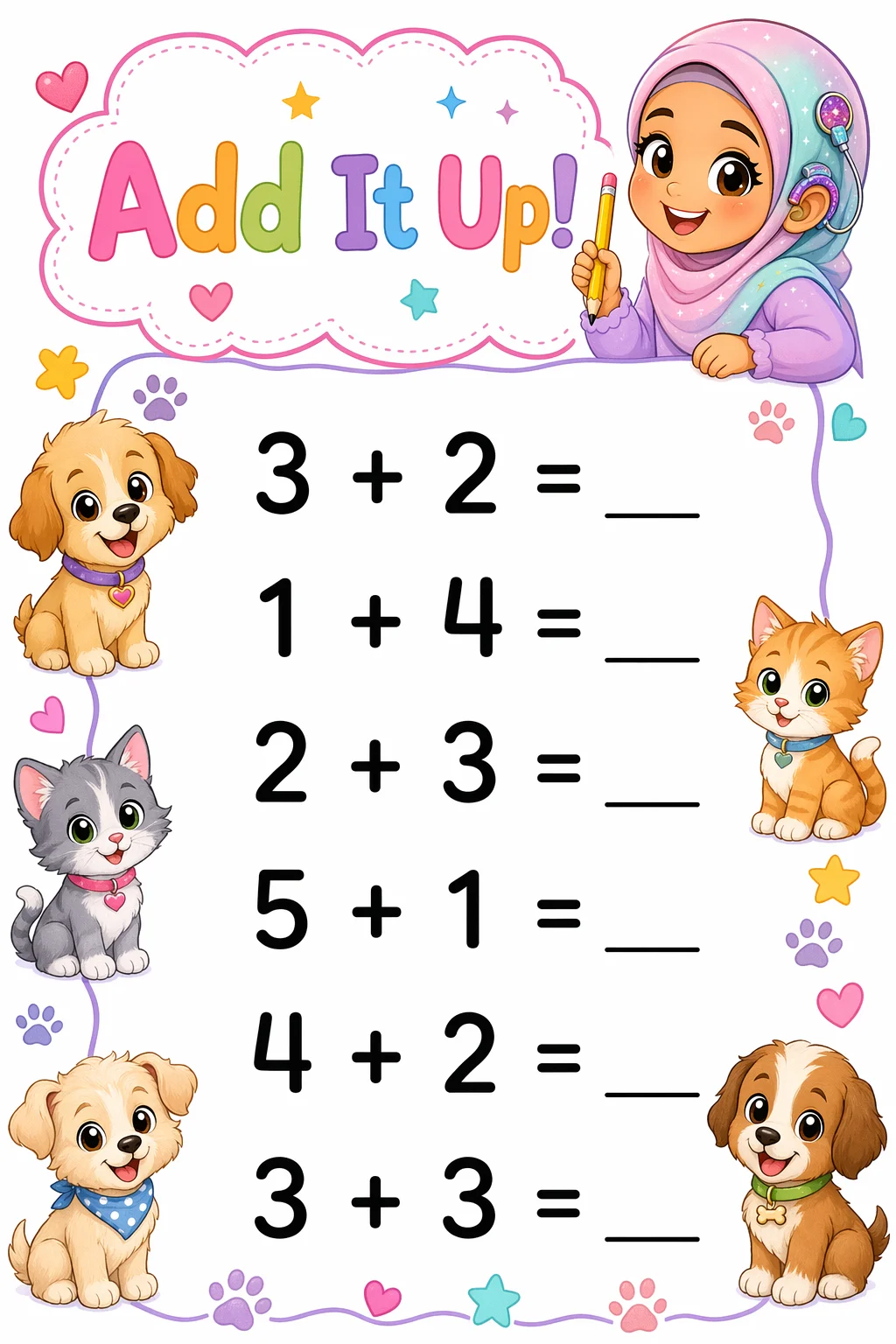 Addition Worksheet — pets — free coloring page