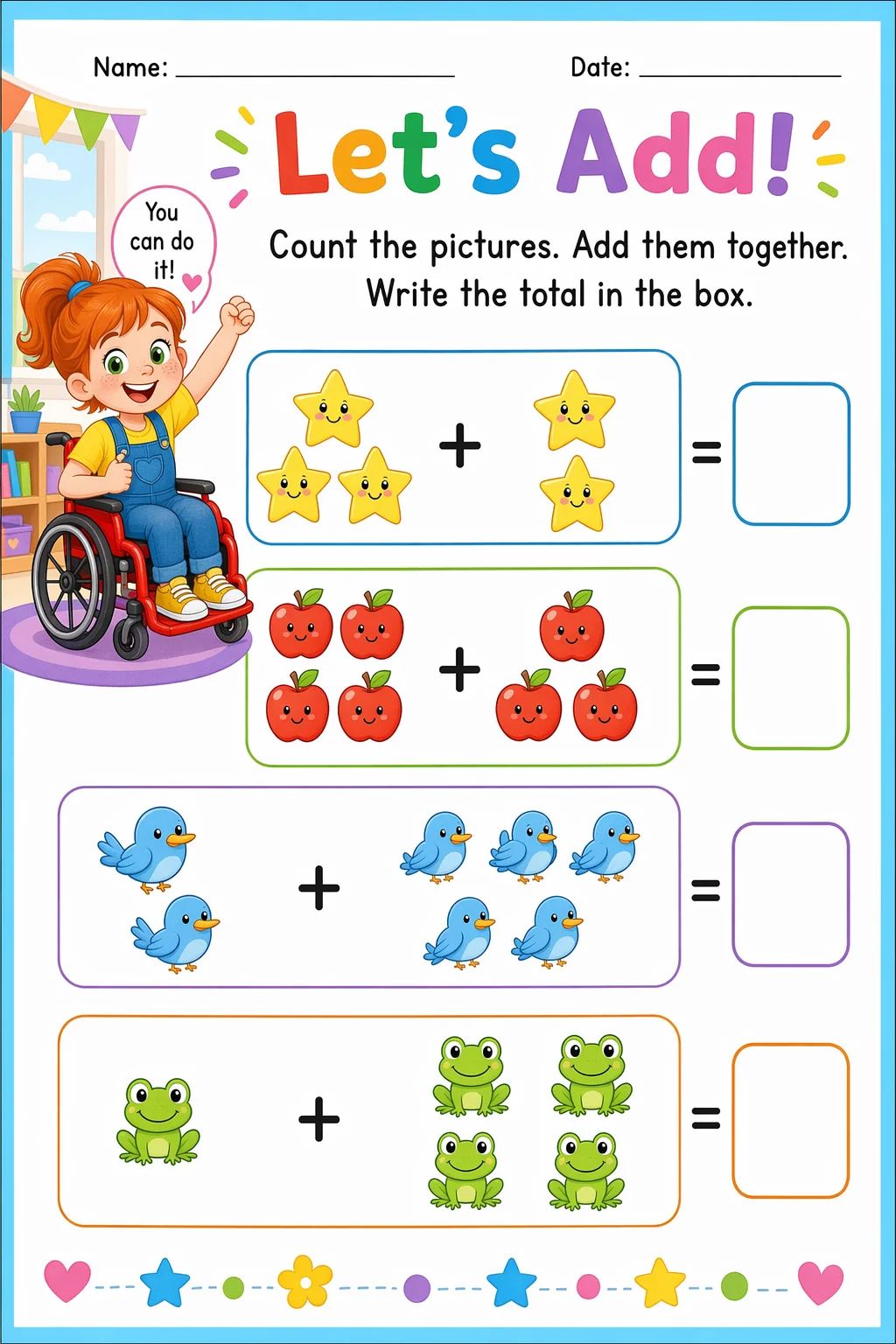 Addition Worksheet — school room — free coloring page