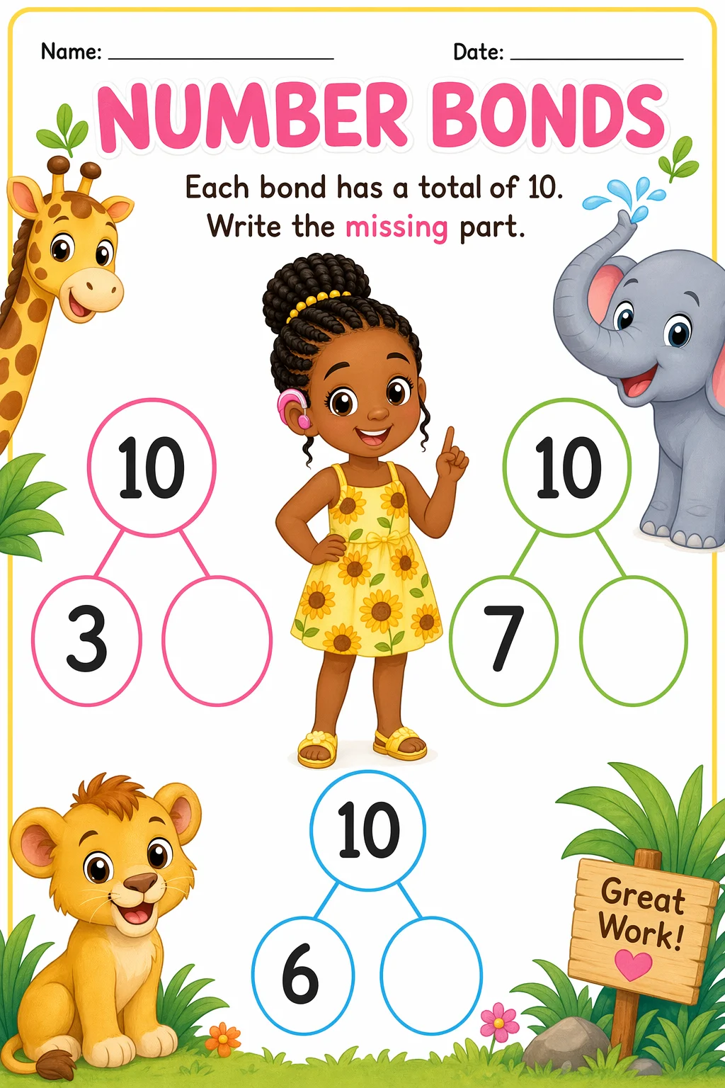 Addition Worksheet — zoo animals — free coloring page