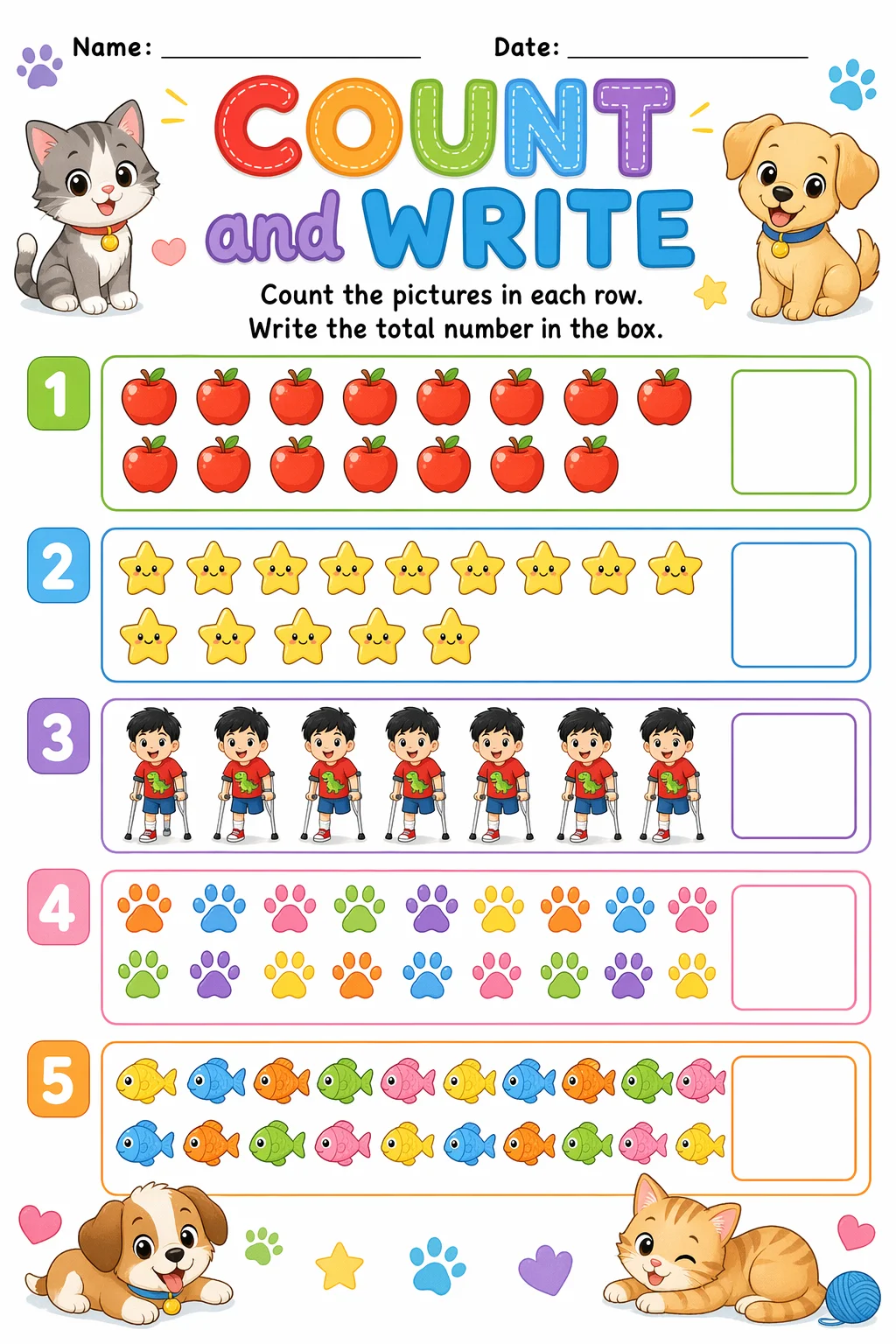 Counting Worksheet — pets — free coloring page