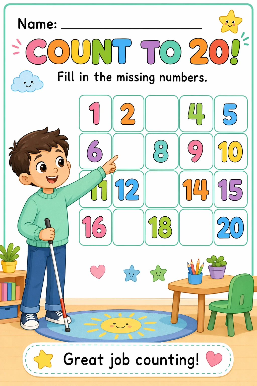 Counting Worksheet — school room — free coloring page