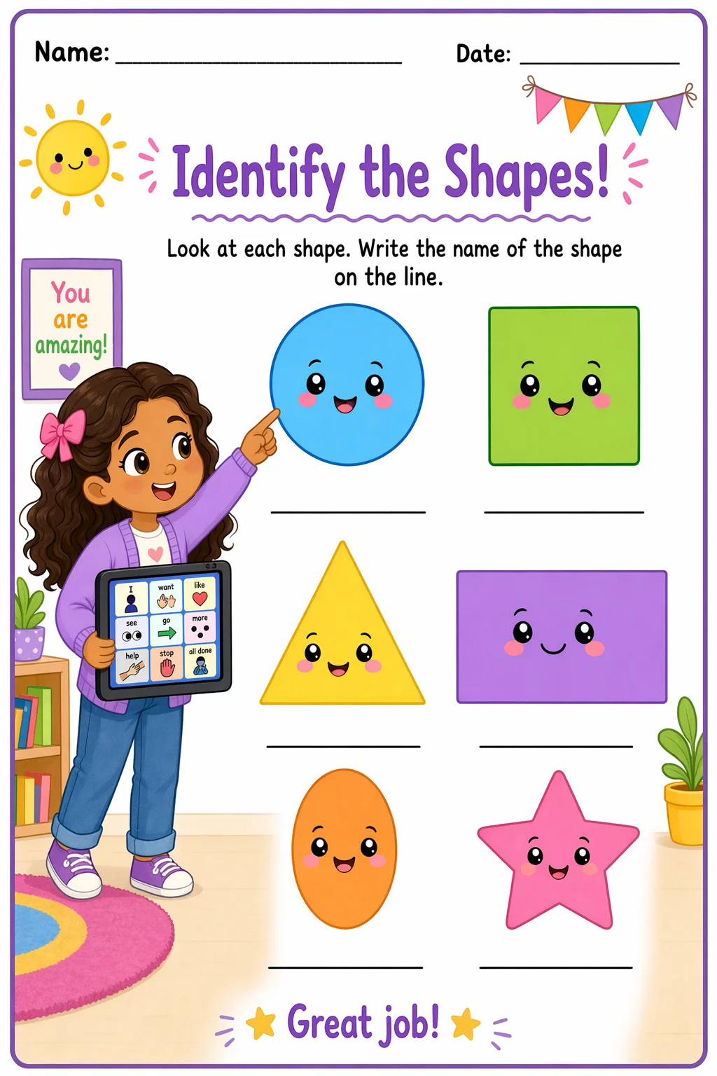 Shapes Worksheet — school room — free coloring page