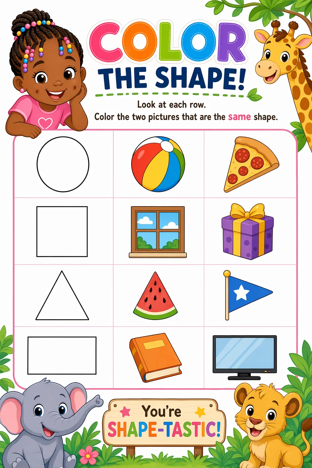Shapes Worksheet — zoo animals — free coloring page